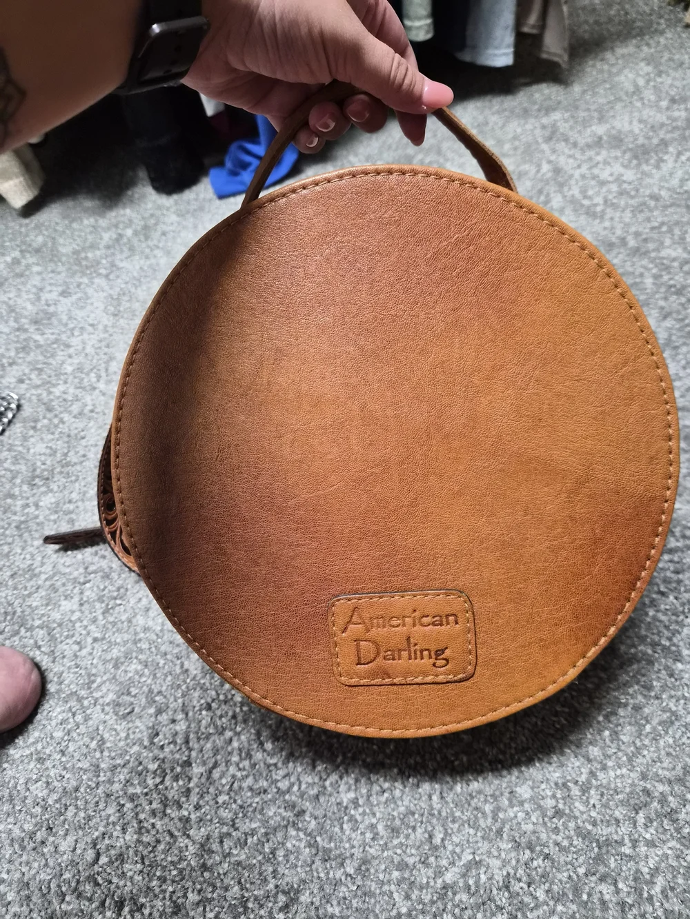 American Darling Brown Tooled Leather & Black-White Southwestern Round Crossbody